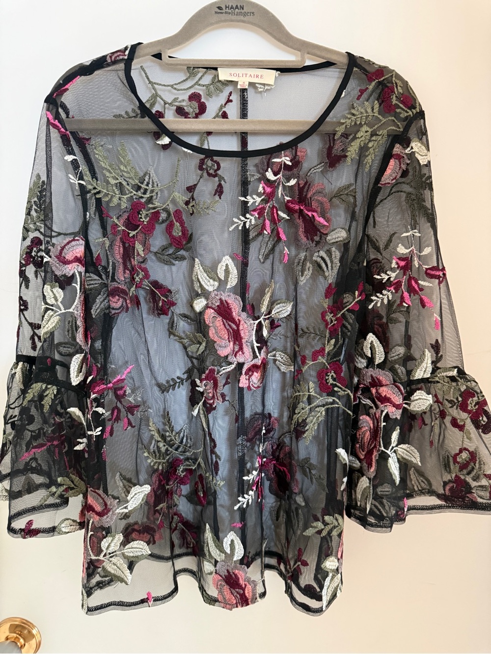 Solitaire Floral Embroidered Mesh Bell Sleeve Sheer Top Size Small Boho Y2K